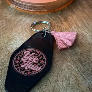 Yee Haw Motel Style Keychain with Pink Tassel