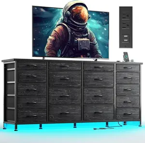 EnHomee 63" W 18 Drawers Dresser with LED Lights & Power Outlets Long Dresser for 65" TV Stand for Bedroom Large Fabric Dressers & Chests of Drawers for Bedroom, Sturdy Metal Frame (Charcoal Black)