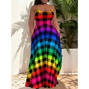 Rainbow Plaid Suspender Dress For Holiday Leisure