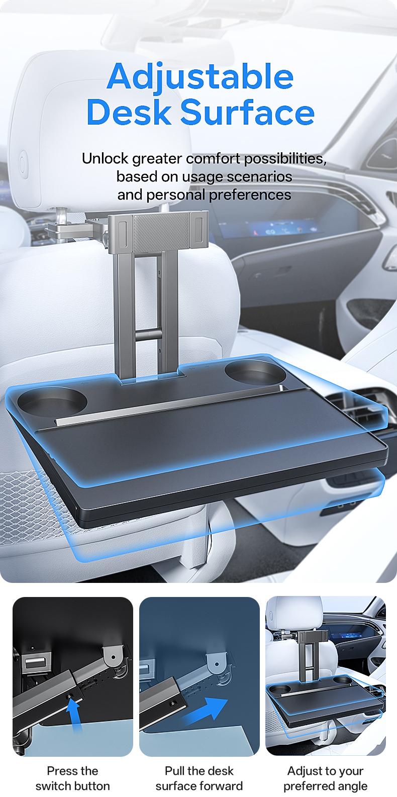 Multi-Use Car Back Seat Tray Bracket, Extendable Adjustable, Foldable Easy Install 10kg Sturdy Support, Space-Saving Mobile Office for Remote Workers, Fits Cup Phone Laptop, for Students Travelers