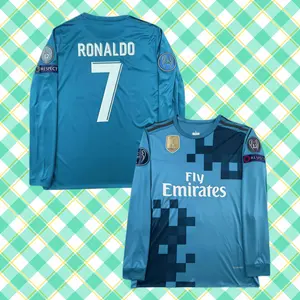 Classic 17/18 Away Cyan No. 7 Cristiano Ronaldo Premium Long Sleeve Football Jersey (Fan Edition)
