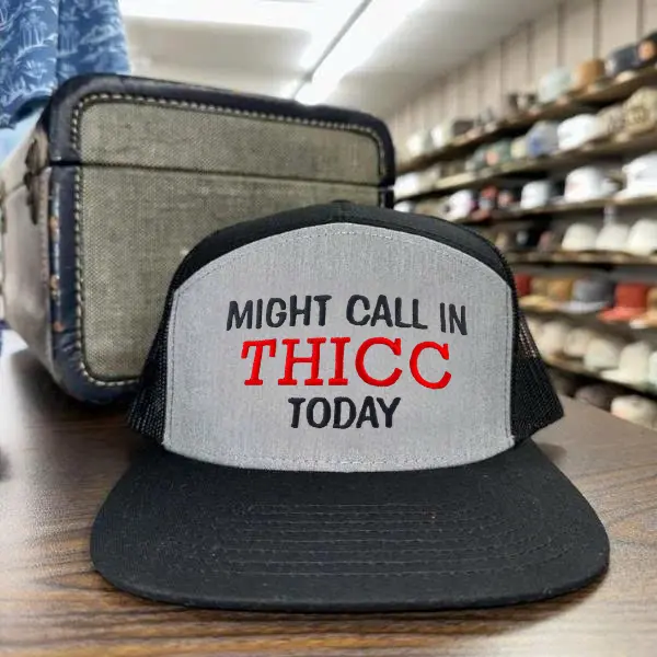 Might Call In Thicc Today Embroidered Trucker Hat | Camo Snapback Cap | Outdoor Mesh Baseball Hat | Funny Sarcastic Gift for Friends & Coworkers