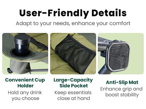 Comfort Folding Camping Chair，With 440 Lbs Capacity, Reinforced Steel Frame And 600D Oxford Fabric, 2 Cup Holders And Side Pockets, Folds Into Carry Bag, Perfect For Outdoor Concert And Glamping