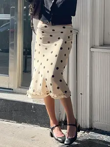Women's Polka Dot Print Frill Trim Fitted Midi Skirt, Casual Fashion A Line Skirt for Daily Wear, Ladies Spring Bottoms