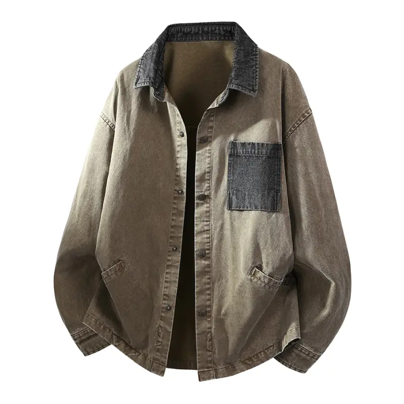 Men's Color Block Denim Jacket, Stylish Retro Shacket with Contrast Collar, Washed Button-Up Longsleeve Casual Coats and Tops, Longsleeves, Streetwear, Loose, Retro Street, Plain, Cotton Fabric, Snap Buttons