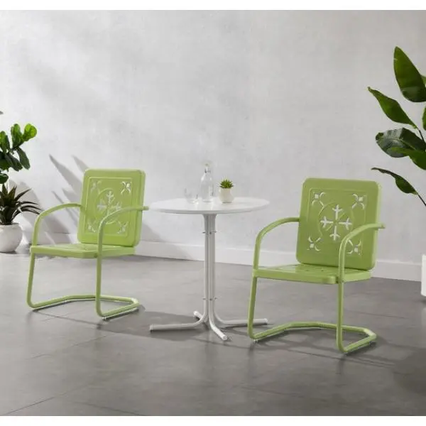Crosley Furniture KO10023KL 27.88x87x35 in. Retro Look Weatherproof Outdoor Bistro Set, Key Lime Gloss & White Satin - 3-Piece Set with Square Back Steel Frame Cutout Table & 2 Chairs