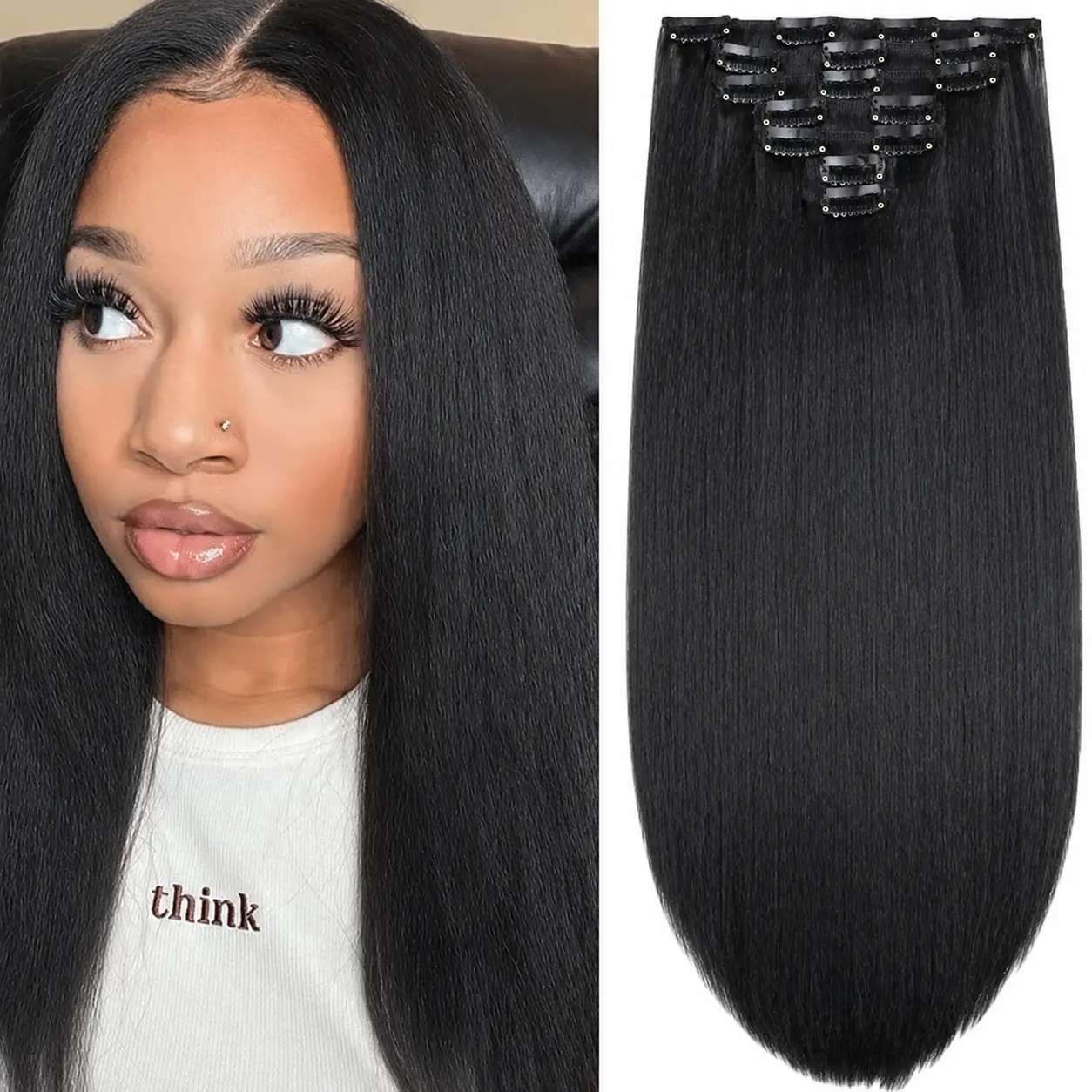 Kinky Straight Clip in Hair Extensions for Black Women Full Head Yaki Straight Clip Ins Synthetic Hair Extensions 14 Inch 7pcs/set Natural Black（124 Gram/with 16 Clips instant length