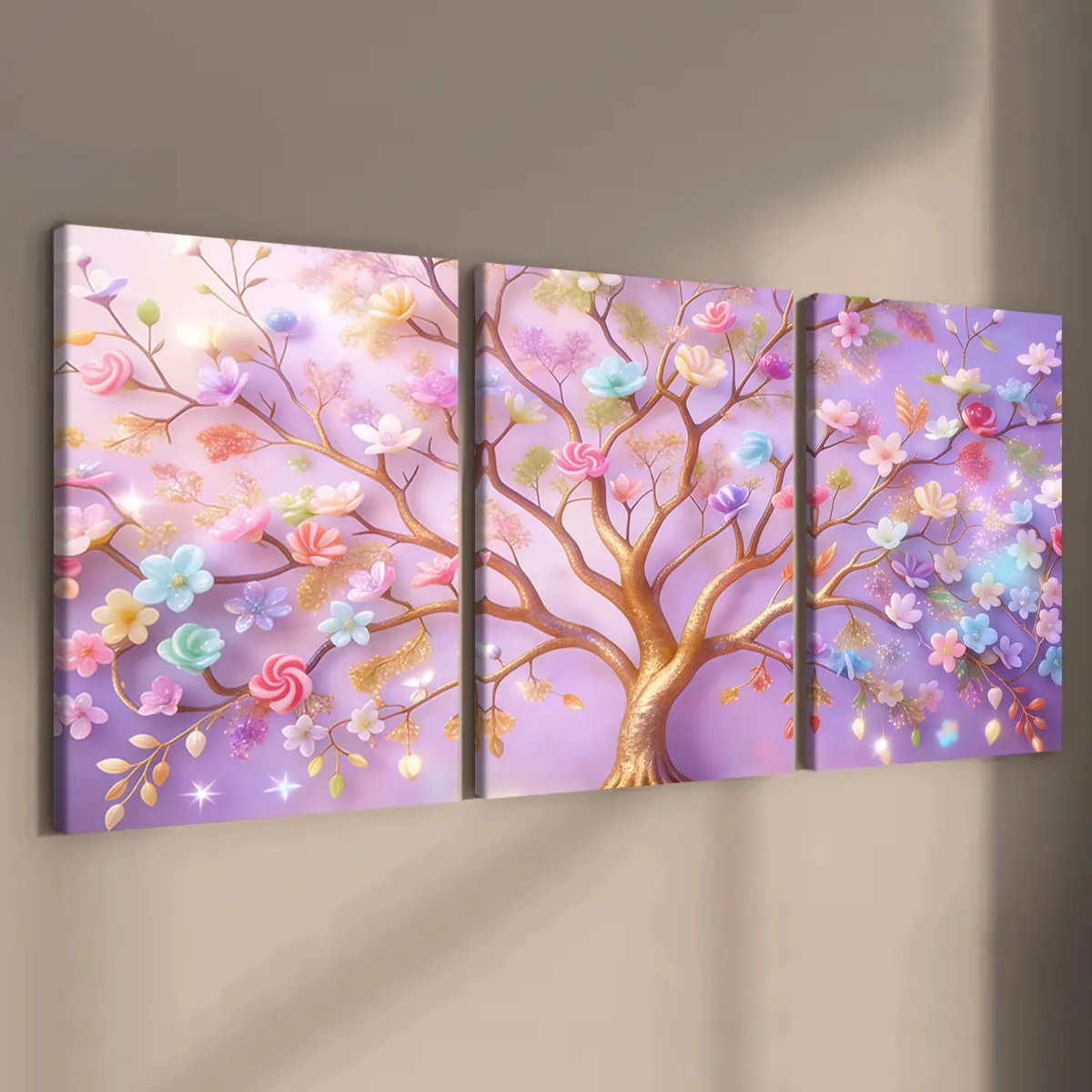 3-count wooden frame canvas, Decorative artwork, pink and purple gradient life tree art poster, living room decoration art, modern family poster, Modern Floral Paintings, suitable for corridor, office, bedroom decoration, waterproof printing