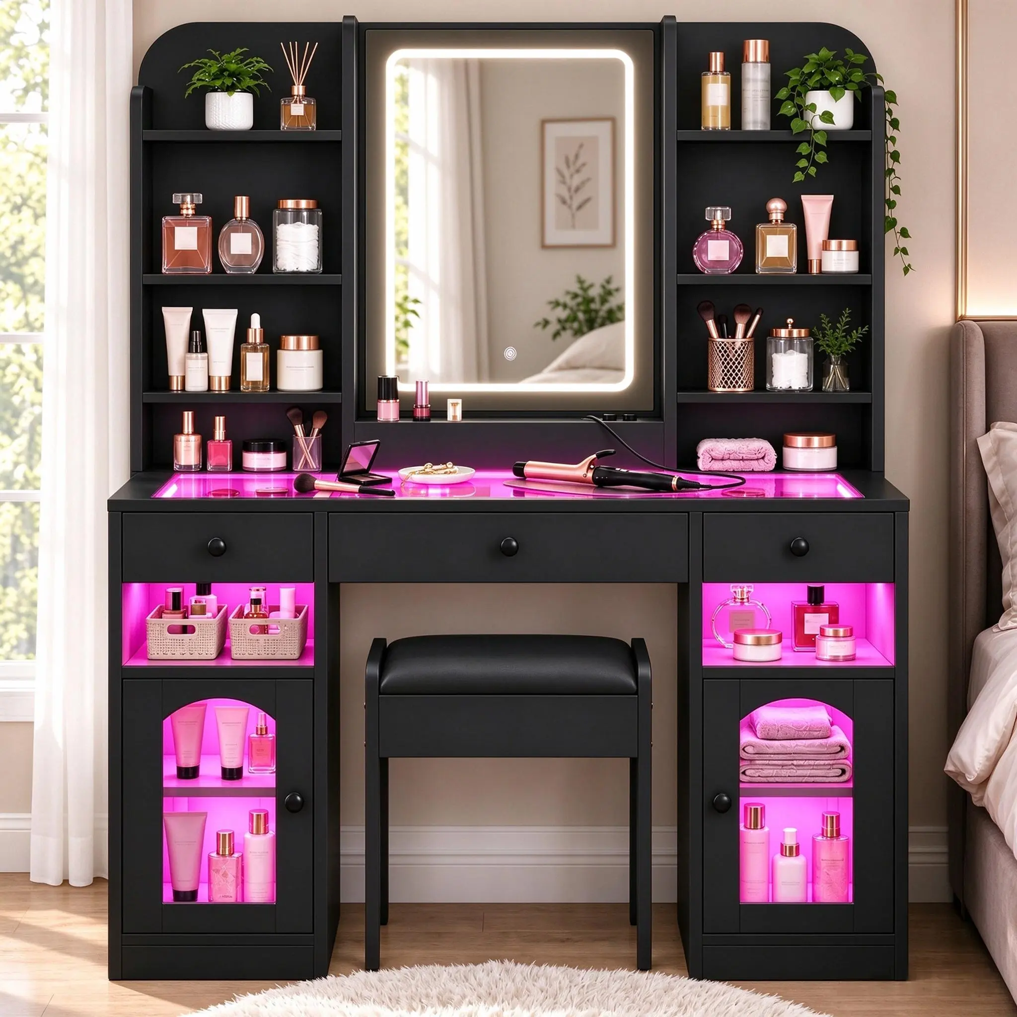 43.2" Vanity Desk with LED Mirror and Lights, Glass Top Vanity with RGB Glass Light Cabinets, Dressing Table with 3 Drawers ,Storage Shelves and Stool for Bedroom, Black