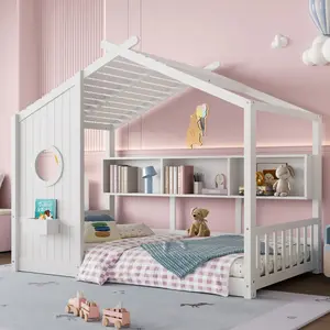 Twin Size Bed Frame with Storage, Wood Floor House Bed,Twin Bed  with Bookcase Storage Shelf, Playhouse Bed with Roof Design