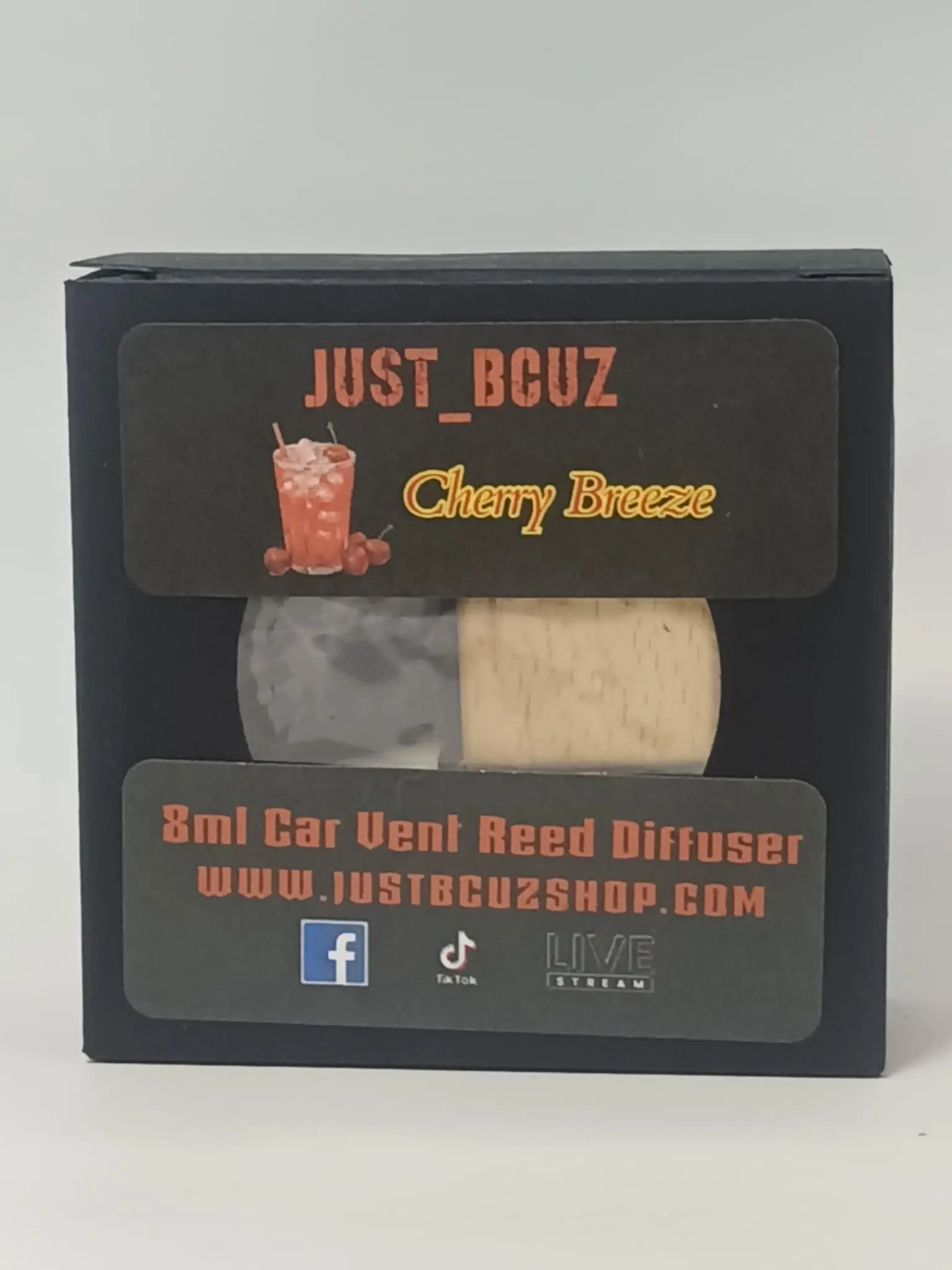 Just BCUZ 8ml Cherry Breeze Scented Car Vent Reed Diffuser Premium Quality Glass Bottle Set with 2 Reeds & Care Card