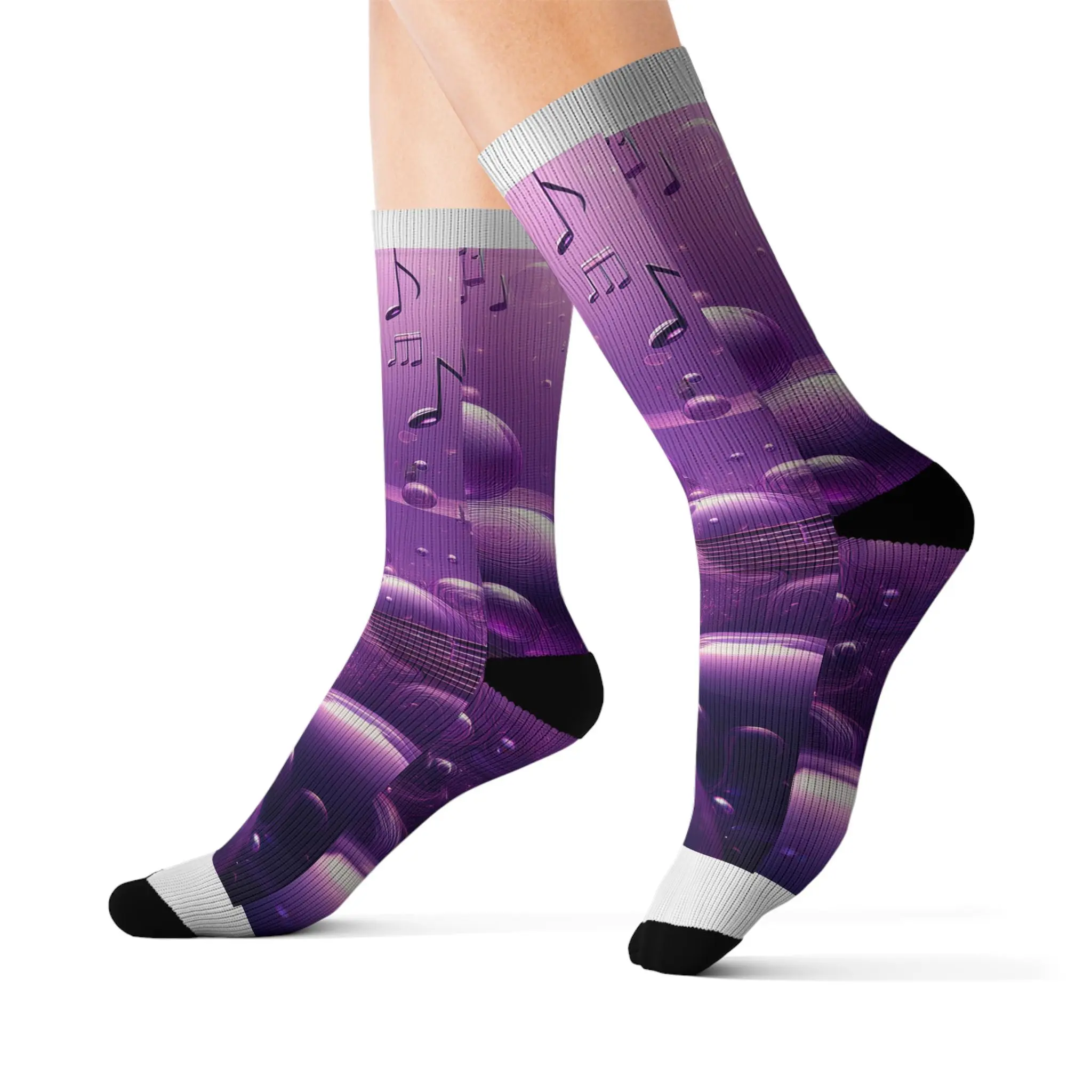 Purple Music Notes Sublimation Socks – Bubble Pattern Crew Socks for Musicians & Music Lovers