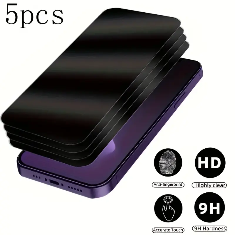 5PCS Anti Spy Screen Protector for iPhone 11 12 13 14 15 16 16E Pro Max Plus Privacy Tempered Glass Film 9H Hardness Ultra Thin 0.33mm Oil Repellent Coating Anti Peeping No Warranty