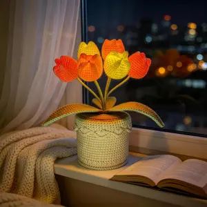 Handmade Crocheted Rotating Tulip Night Light - Creative Gift for Her, DIY Flower Pot Desk Lamp, Romantic Valentine’s Day & Anniversary Bedside Decor
