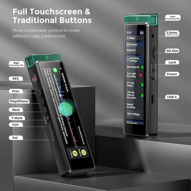 136GB Digital Voice Recorder with Playback,  R1 Full Touchscreen Voice Recorder with AI Intelligent Transcription and , Voice Activated Sound Audio Recorder Device with Mic (Green)