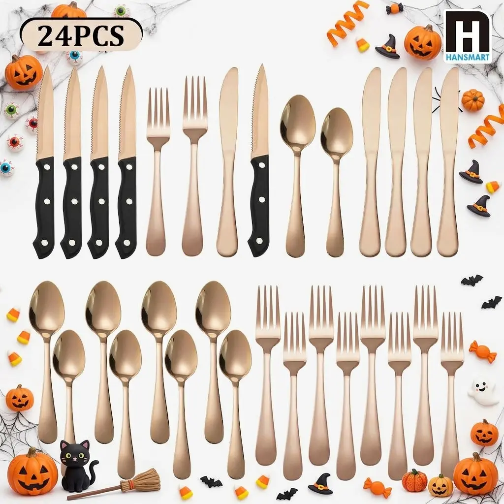 24-Piece Rose Gold Stainless Steel  Flatware Set, Dishwasher Safe Silverware Set with Steak Knife for 4 People, Elegant Cutlery Set, Mirror Polished, Ideal for Home, Kitchen, Wedding, Celebrations Tableware