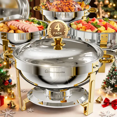 [FallDealsForYou] WARMOUNTS 5QT Gold Round Shape Thermal Casserole Dish for Serving, Stainless Steel/Glass Lid Chafer with Advanced Vapor Circulation, Mirror Polish, Rolled Rim, Stackable, Detachable Lid Holder, Easy Assembly (Multiple Packs: 2/4/6)