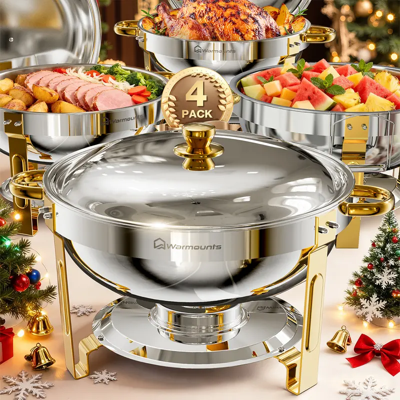[FallDealsForYou] WARMOUNTS 5QT Gold Round Shape Thermal Casserole Dish for Serving, Stainless Steel/Glass Lid Chafer with Advanced Vapor Circulation, Mirror Polish, Rolled Rim, Stackable, Detachable Lid Holder, Easy Assembly (Multiple Packs: 2/4/6)