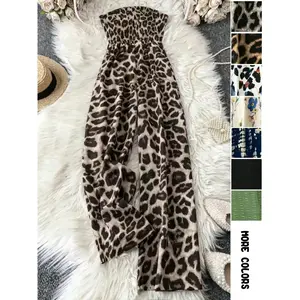Women's Leopard Print Shirred Wide Leg Jumpsuit, Casual Sleeveless Tube Jumpsuit for Vacation Holiday, Ladies Clothes for All Seasons