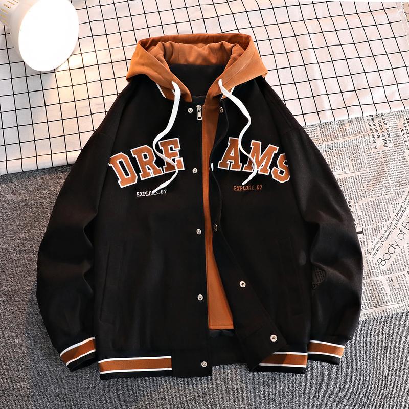 A hooded letter jacket, featuring a casual and simple style. The hooded design is sleek and elegant, while the overall design is practical and versatile. The letter embroidery adds a touch of sophistication, and the striped accent at the cuffs completes t