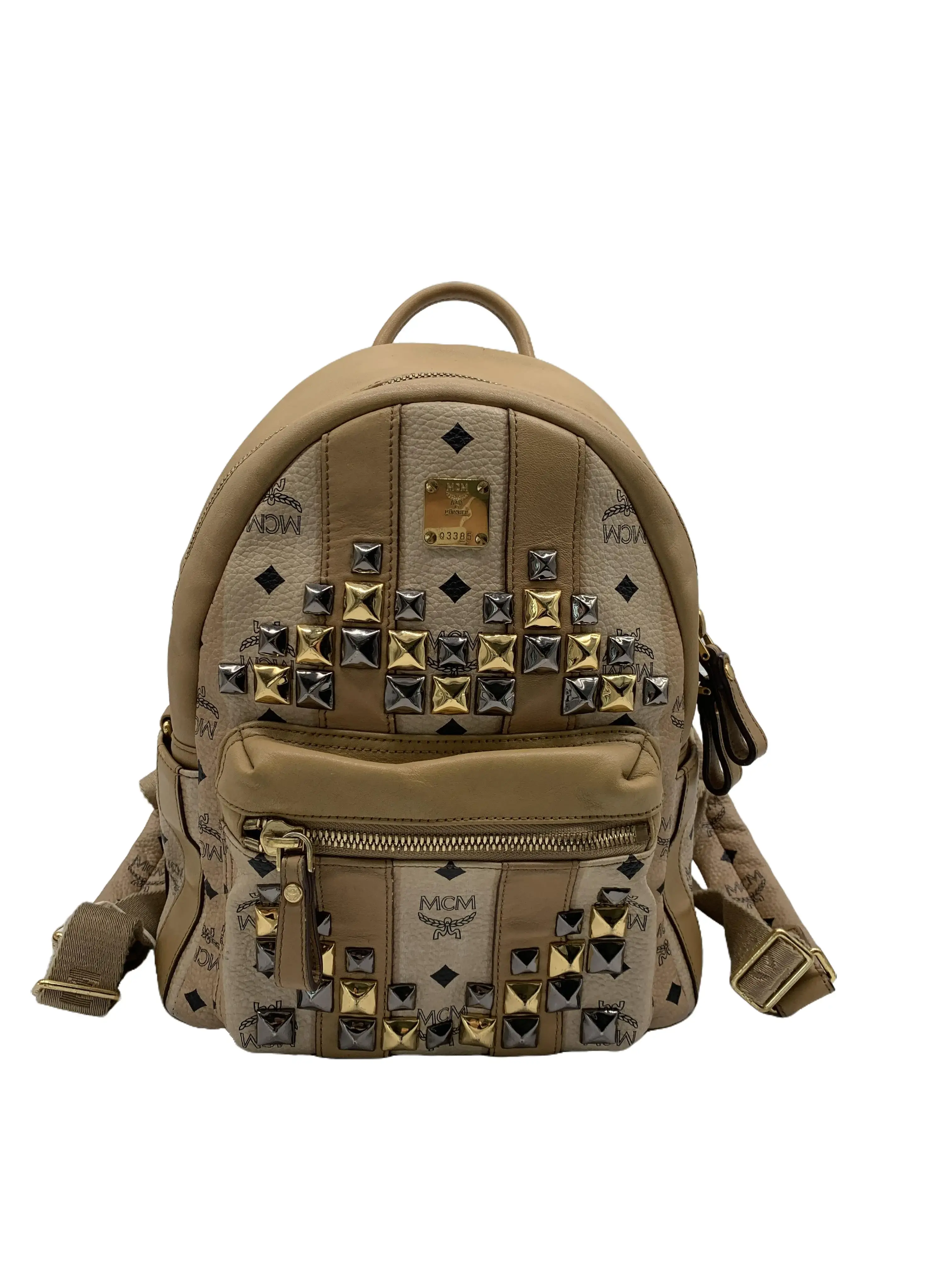 Pre-owned MCM Beige Visetos Studded Medium Backpack/BB07608009/8009