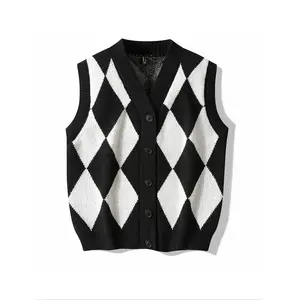 Men’s geometric print V-neck knit vest, regular fit casual sleeveless knitwear for daily wear, men’s knit clothing for all seasons