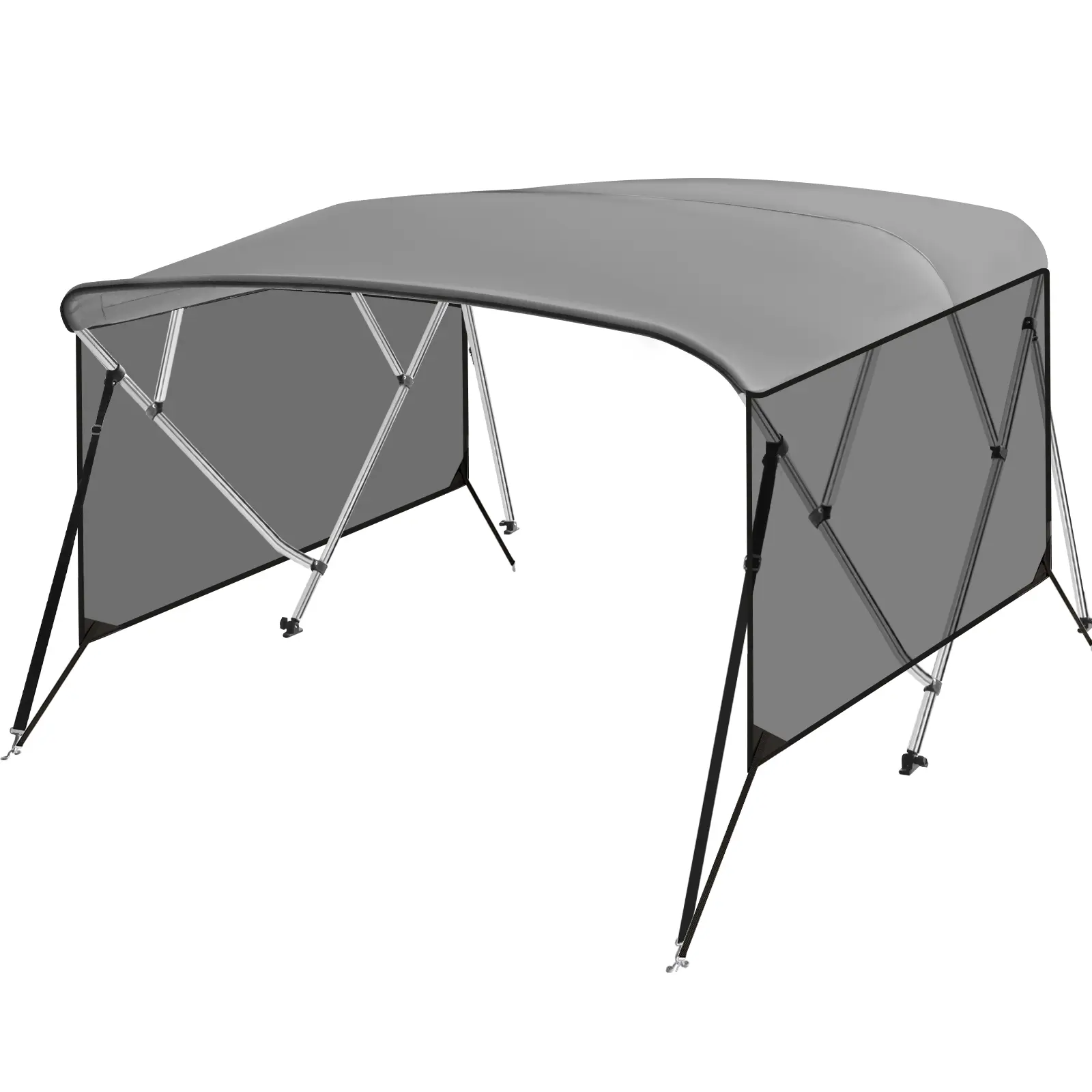 4 Bow Bimini Top for Boats – 8ft PU-Coated Canvas Boat Canopy – 1" Aluminum Alloy Frame – Includes 2 Straps, 2 Adjustable Rear Support Poles, Zippered Storage Boot – Gray – Ideal for Jon Boats & Pontoon