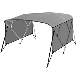 4 Bow Bimini Top for Boats – 8ft PU-Coated Canvas Boat Canopy – 1" Aluminum Alloy Frame – Includes 2 Straps, 2 Adjustable Rear Support Poles, Zippered Storage Boot – Gray – Ideal for Jon Boats & Pontoon