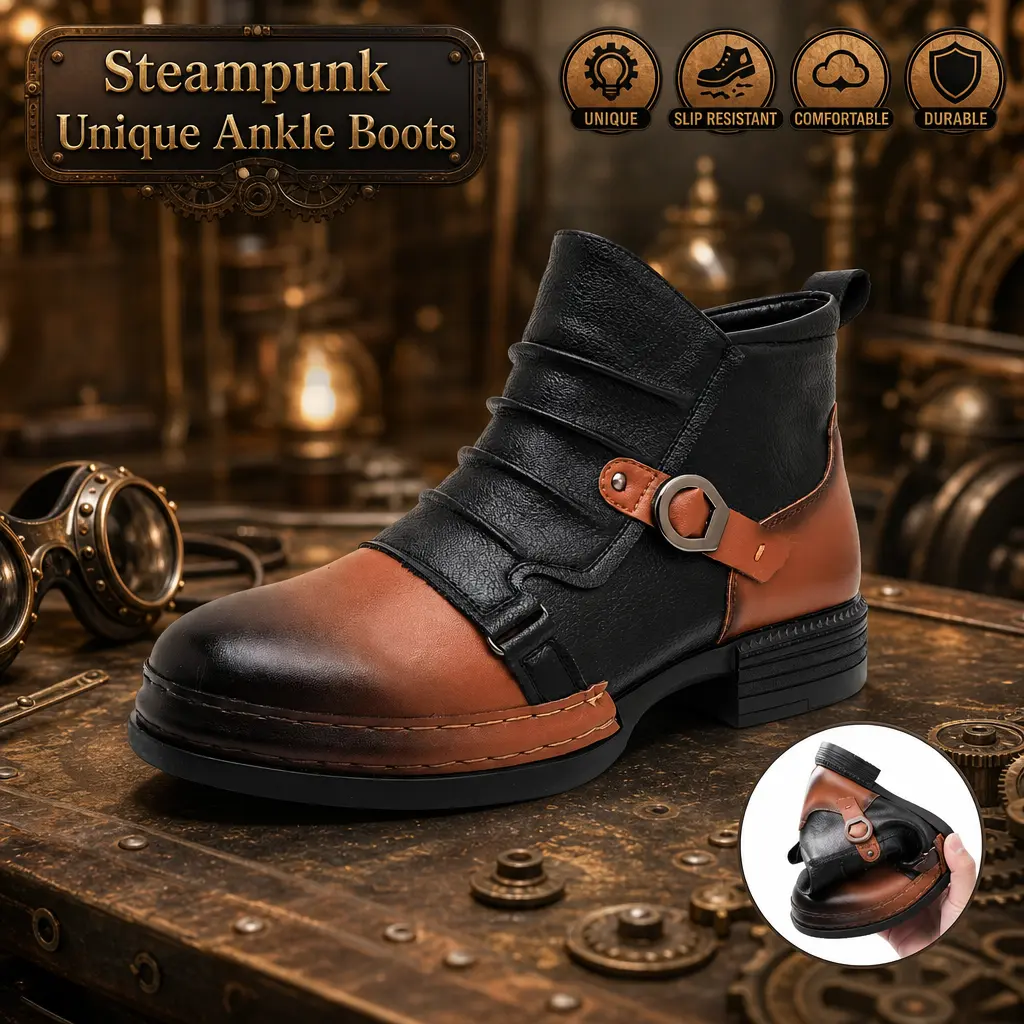 Men’s short boots with buckle and laces, zipper, vintage street style, everyday ankle boots