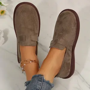 Women's Suede Buckle Loafers Casual Slip-On Flat Shoes with Round Toe for Daily Wear