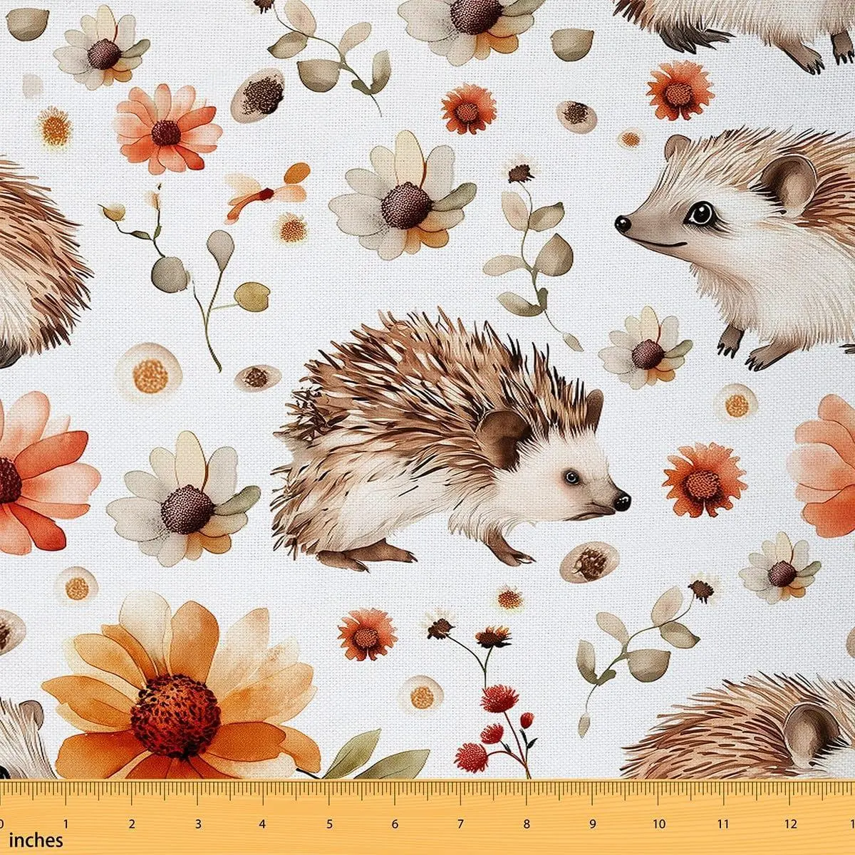 Cute Hedgehog Fabric Cartoon Floral Wild Animal No Stretch Sewing Fabric Rustic Plant DIY Flannel Polyester Fabrics Home Accents Brown Crafting Supplies Fabrics Pre-Cut