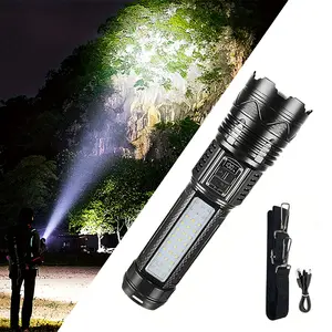 Super Bright LED tactical flashlight, all aluminum alloy with 7800 mah battery - long range zoom lighting, USB charging, mobile power function, digital display, multiple light modes for emergency, camping and outdoor adventure.