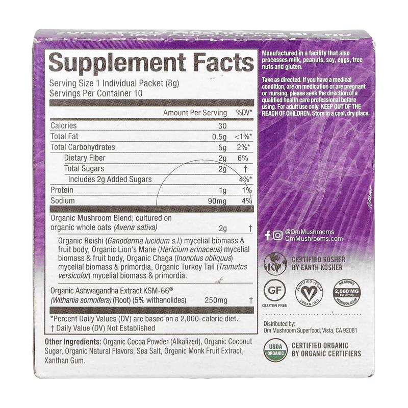 Om Mushrooms Superfood Mushroom Blend, Hot Chocolate , 10 Packets, 0.28 oz (8 g) Each