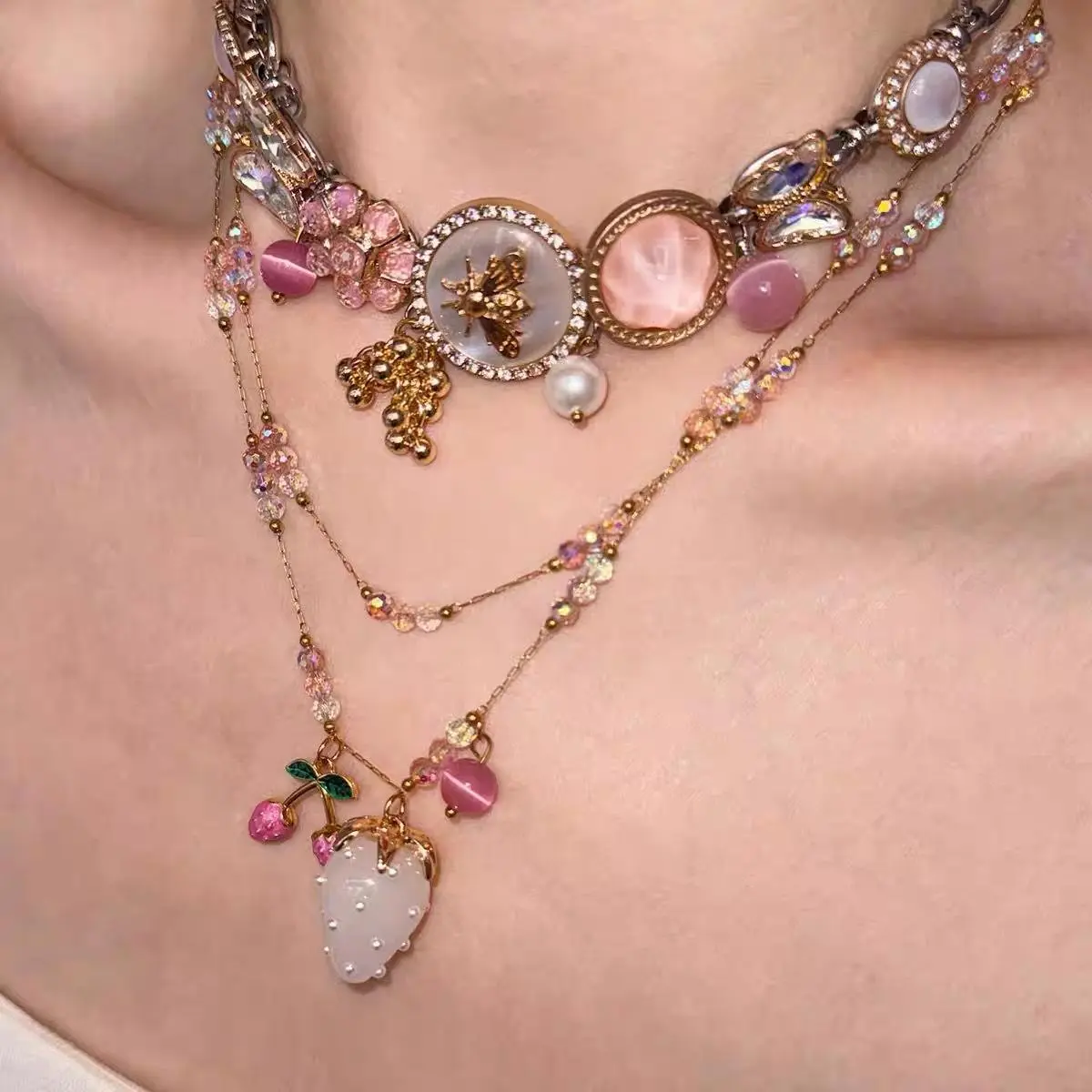 Vintage Multi-Layer Pink Beaded Choker, Strawberry Cherry Bee Pendant Stacked Necklace, Fairycore Vacation Clavicle Chain