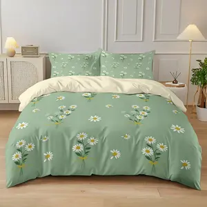 3pcs (1 duvet cover + 2 pillowcases, no filling) Fresh and natural mint green duvet cover set with daisy and bow floral print. 100% polyester fiber, soft and comfortable bedding set, suitable for room décor, suitable for all seasons, and a must-have gift.
