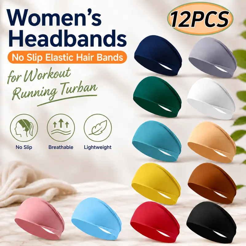 Women's Headbands No Slip Elastic Hair Bands for Workout Running Turban 12 Pack Fashionable Head Bands in Multiple Colors