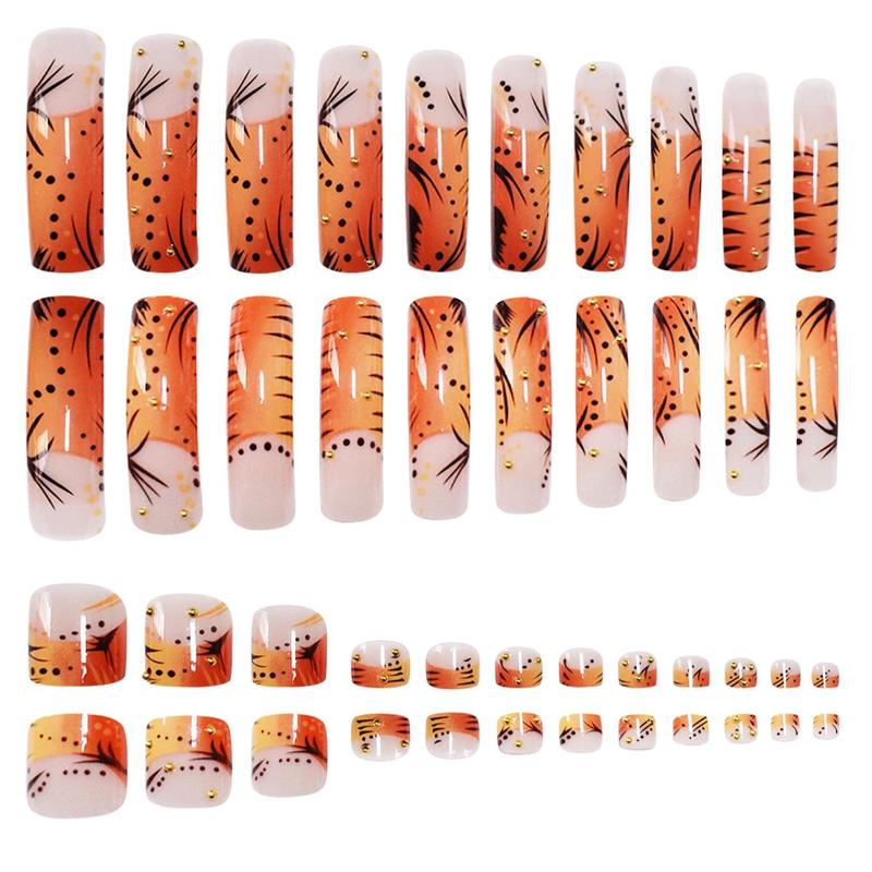 Orange Fake Nails Kit with Nail File & Tape, 48pcs/set Glossy Long Square False Finger and Toe Nails for Women & Girls