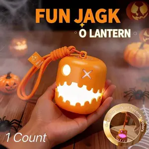 Wild Bright 1-piece funny hand-held pumpkin lantern, with small ghost decoration on the lantern. It features seven-color gradient and constant illumination modes. The pull-string switch is suitable for holiday decorations and atmosphere settings.