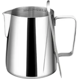 Milk Frothing Pitcher, 12oz Milk Frother Cup with Clear Scale, 304 Stainless Steel Cappuccino Espresso Machine Accessories for Barista Coffee Bar with Latte Art Pen,
