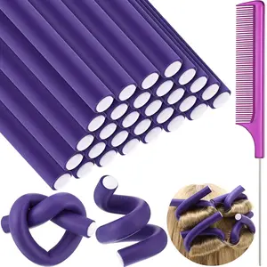 30 Pieces Flexible Curling Rods Twist Hair Rollers Soft Foam Rods No Heat and 1 Pcs Steel Rat Tail Comb for Women Long and Short Hair(7 x 0.8 Inch,Purple)