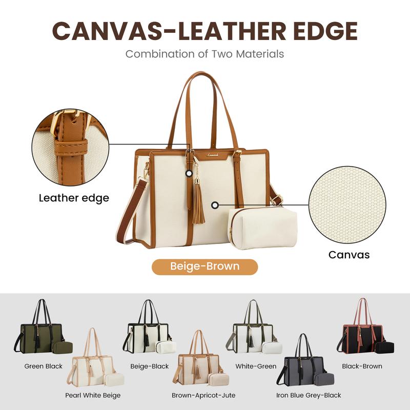 【Valentine's Day Gift】LOVEVOOK Canvas Laptop Tote Bag 15.6 & 17.3 inches for Women with Clutch Purse, Lightweight Tote Bag with 2 Cup Holder, Purses for Women, Computer bag for Work, Office, Casual.  TikTokShopJumpstartSale