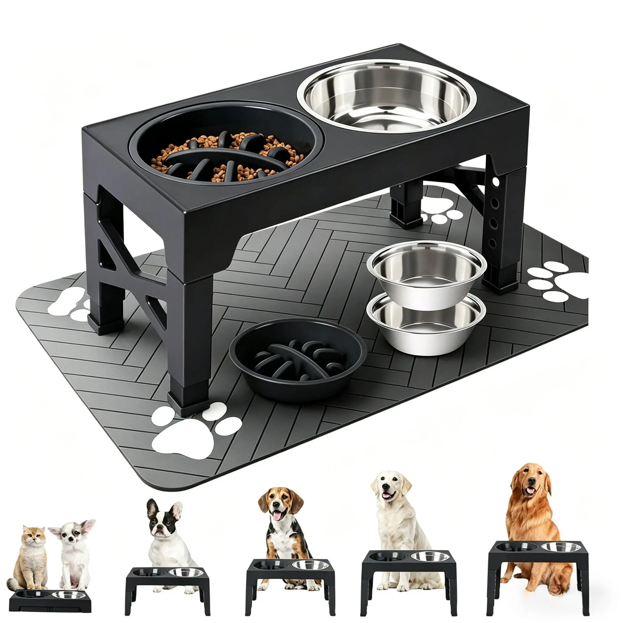 1 set of adjustable plastic elevated dog bowl rack with 5 levels of height, equipped with stainless steel bowls, slow food bowls, and placemats, suitable for small to large dogs or cats, perfect for feeding or drinking, foldable for easy carrying