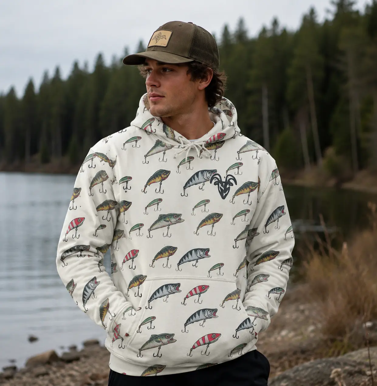 Goat Strength White Washed Fishing Lure Hoodie, Acid Washed Graphic Pullover Sweatshirt, Vintage Outdoor Design Fleece Hoodie for Men & Women