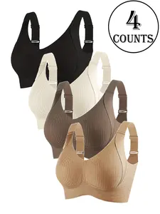 4 Pack Seamless Wireless Bras for Women, Full Coverage, Fit, Medium Support, Adjustable Straps, Plain Ribbed Design, Ideal for Daily Wear, Lady, Underwear