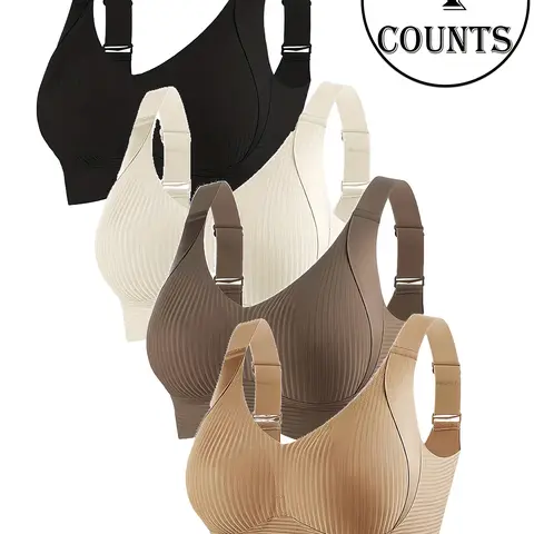 4 Pack Seamless Wireless Bras for Women, Full Coverage, Fit, Medium Support, Supportive Bra, Adjustable Straps, Plain Ribbed Design, Ideal for Daily Wear, Casual Bra, Lady, Underwear