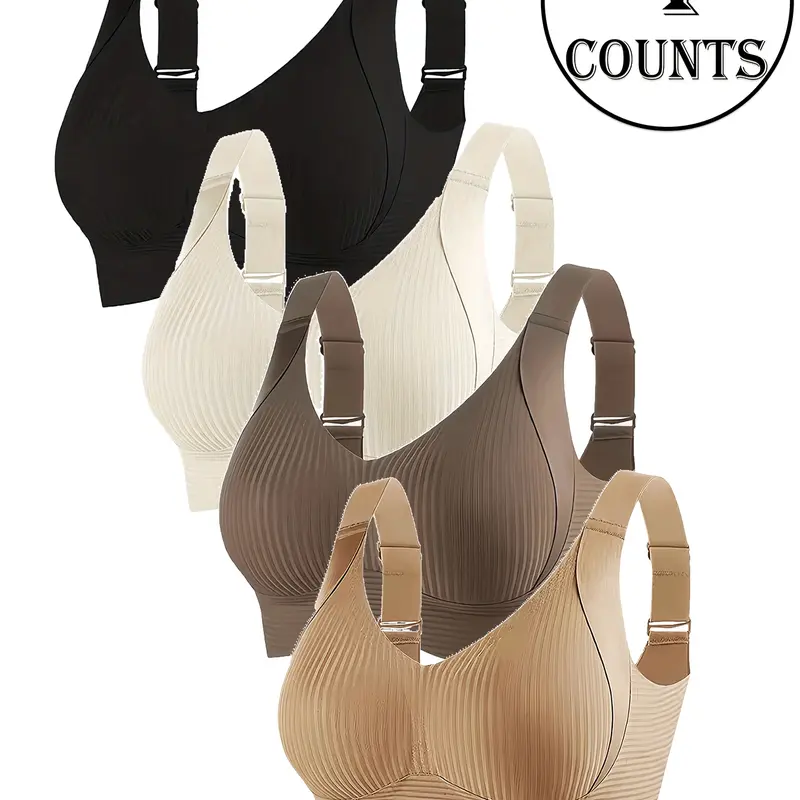 4 Pack Seamless Wireless Bras for Women, Full Coverage, Fit, Medium Support, Supportive Bra, Adjustable Straps, Plain Ribbed Design, Ideal for Daily Wear, Casual Bra, Lady, Underwear