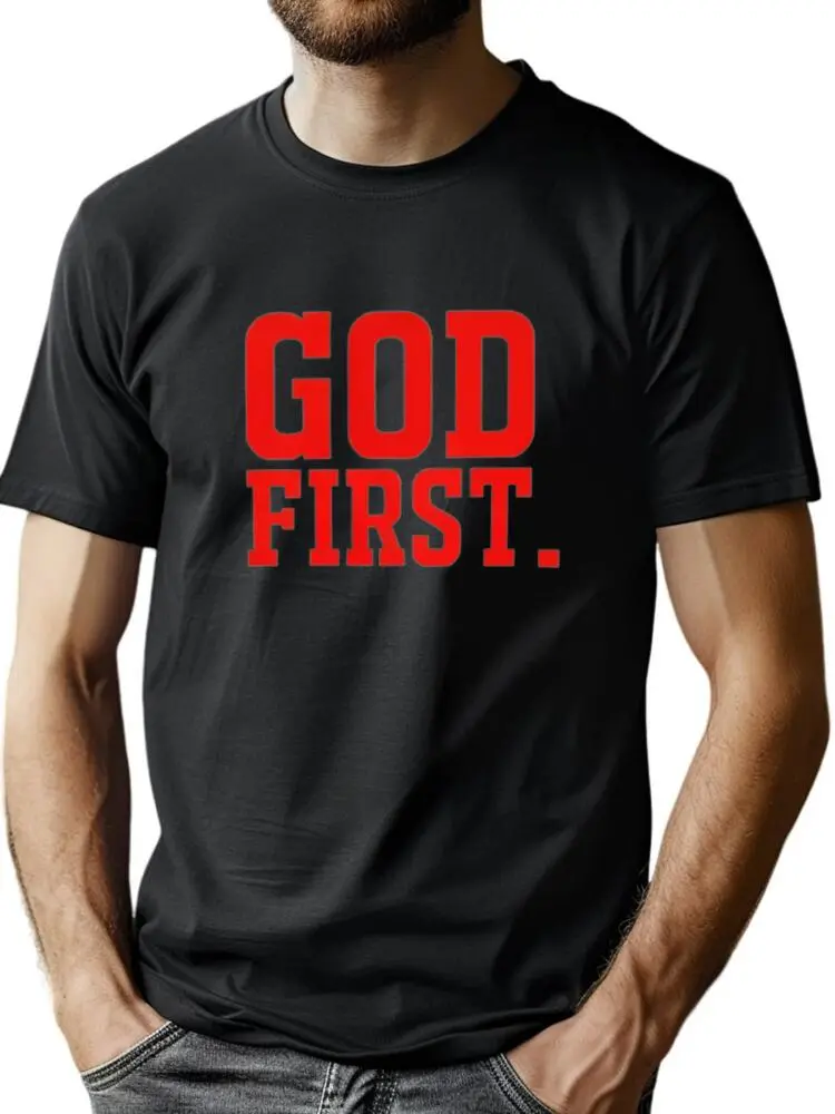T - shirt featuring bold "GOD FIRST" slogan, for faith - centered fashion