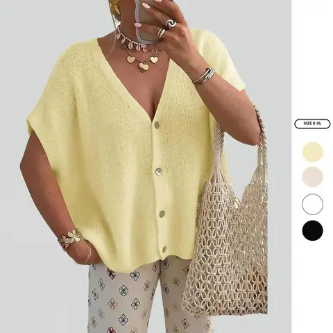 Imily Bela Womens Oversized Cardigans Batwing Short Sleeve Lightweight Button V Neck Casual Knit Sweater Tops