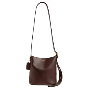 COACH Bleecker 21 Leather Bucket Bag for Women – Embossed Logo, Small, Maple Brown