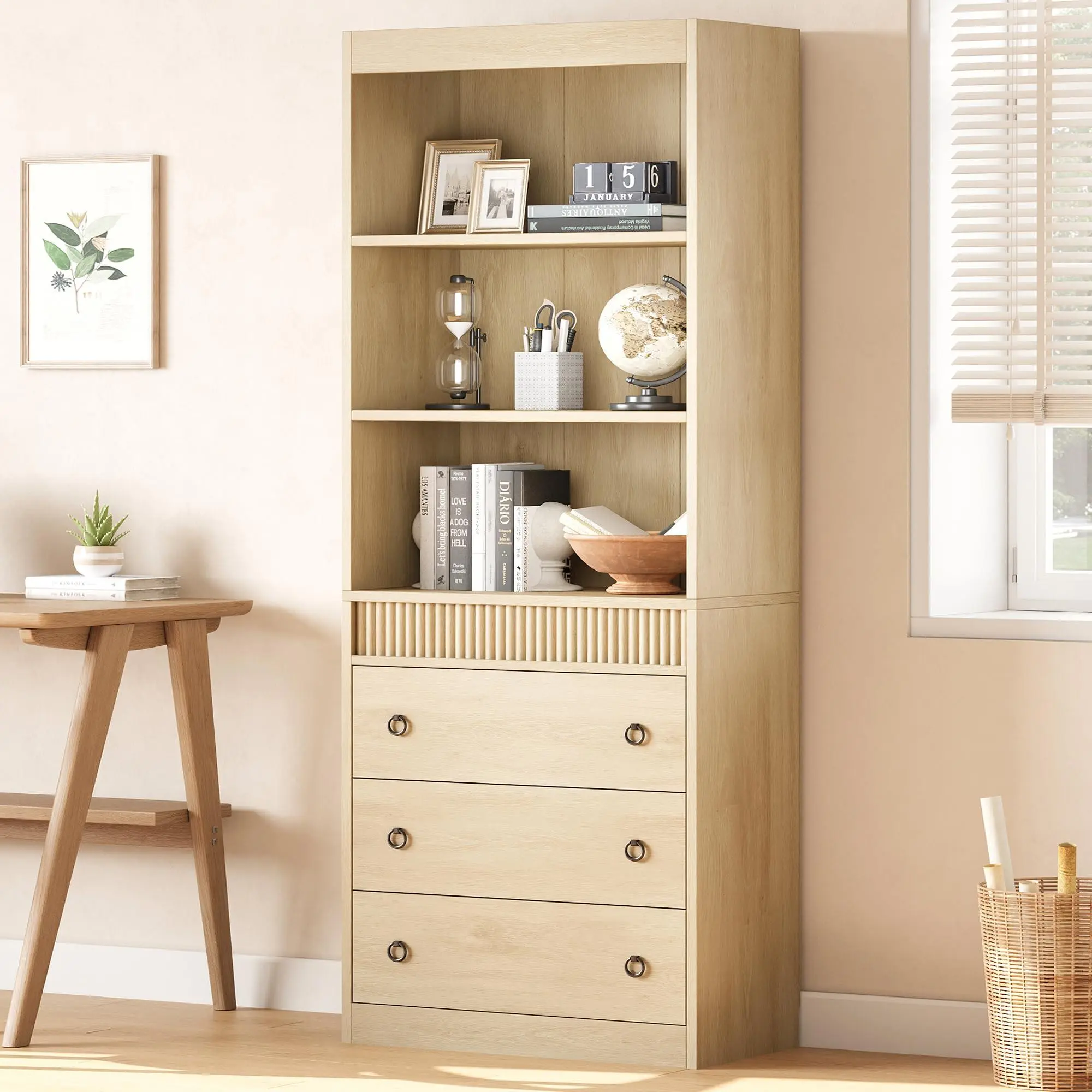 Bookshelf with Drawers 70.8" Fluted Bookcase, Light Wood Bookshelf 6 Tier Bookcase with Storage, Tall Book Shelf with Waved Design, Storage Cabinet with Open Shelf for Living Room Office, Natural